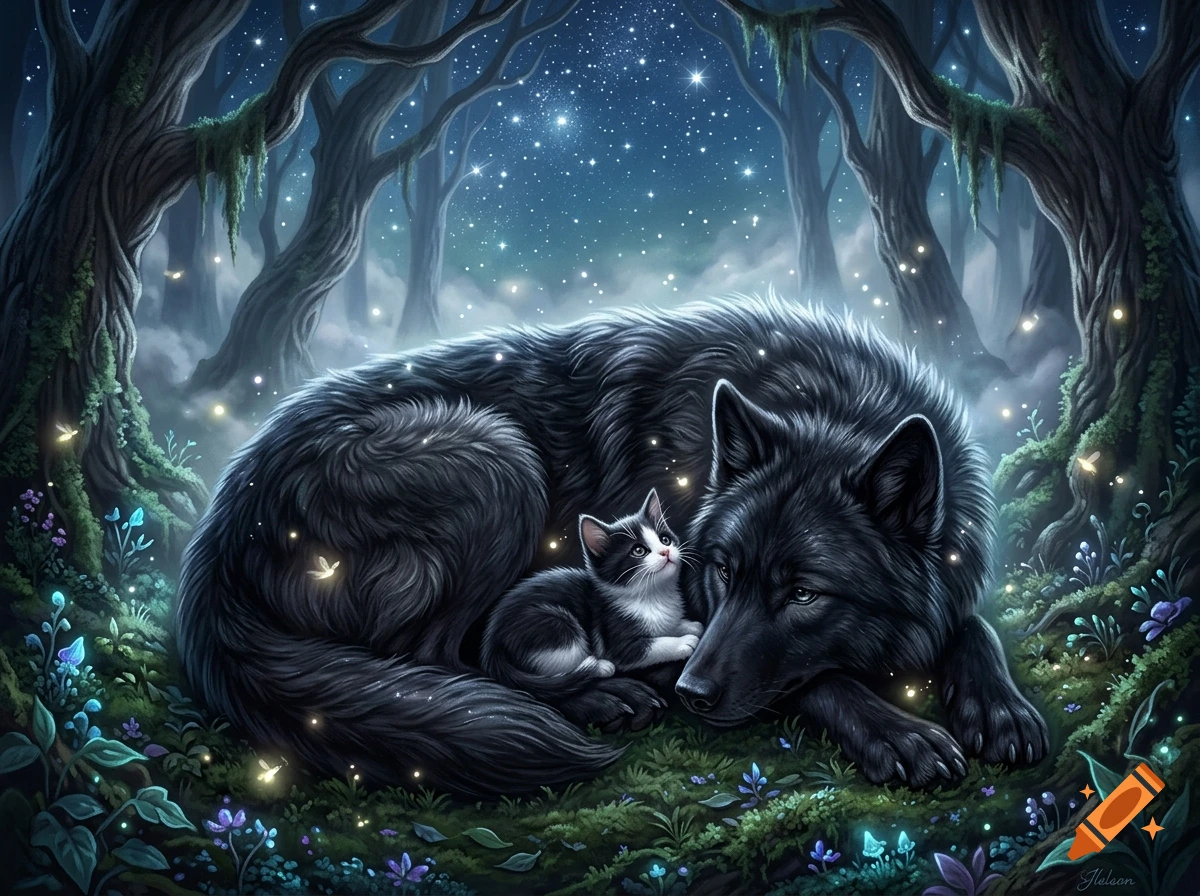 A majestic black wolf and a small black-and-white kitten cuddling in an enchanted forest under sparkling starlight, fantasy art illustration.