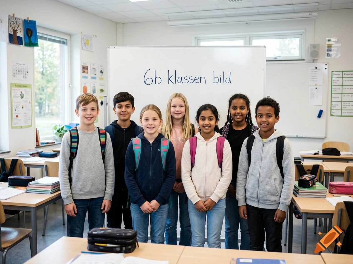 Group of six diverse school children standing in front of a white board with Swedish text in a classroom, photorealistic.