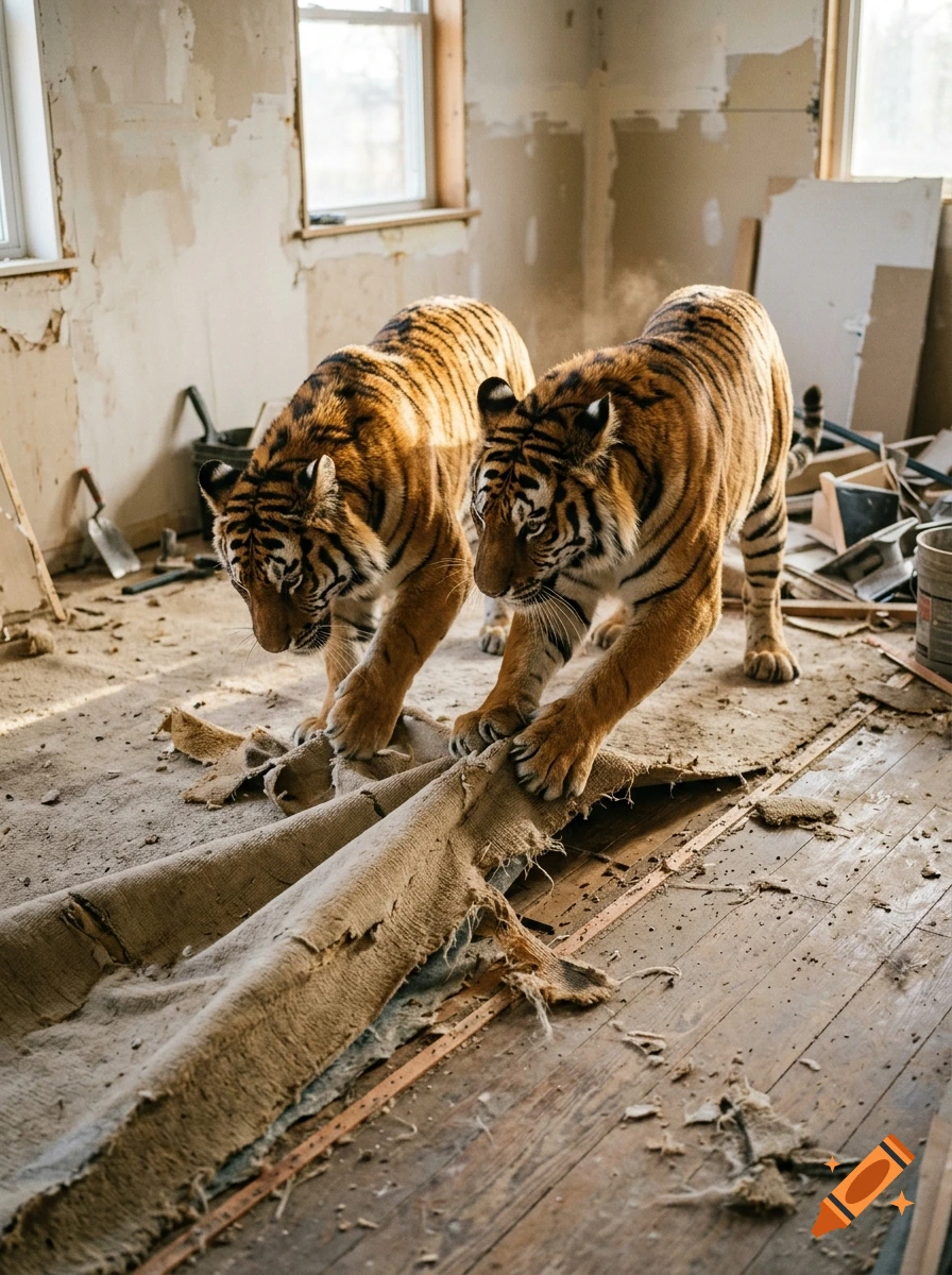 Photorealistic image of two tigers in an unfinished room pulling up an old carpet with their claws.