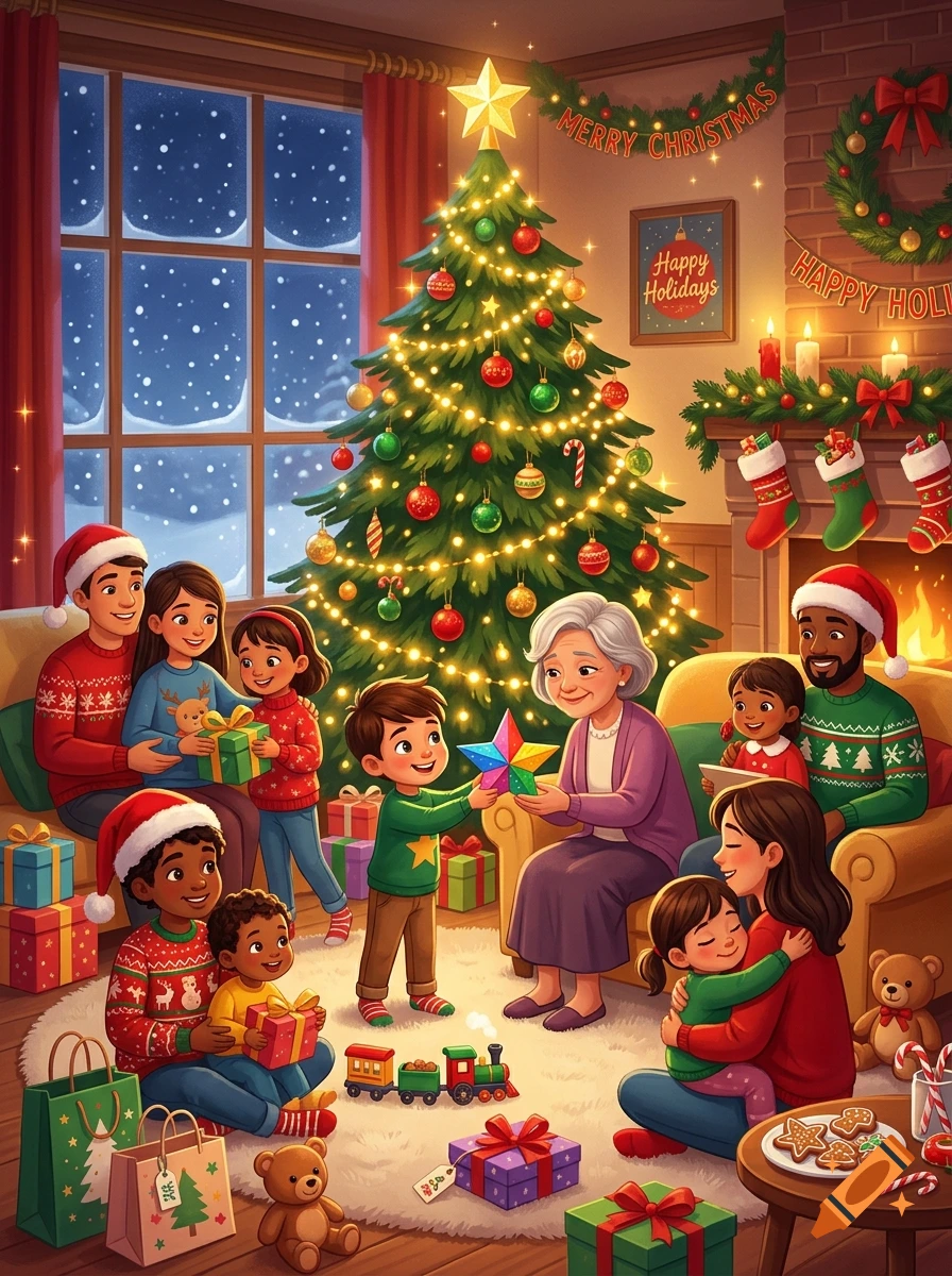 Digital illustration of a diverse family celebrating Christmas together in a cozy living room with a decorated tree.