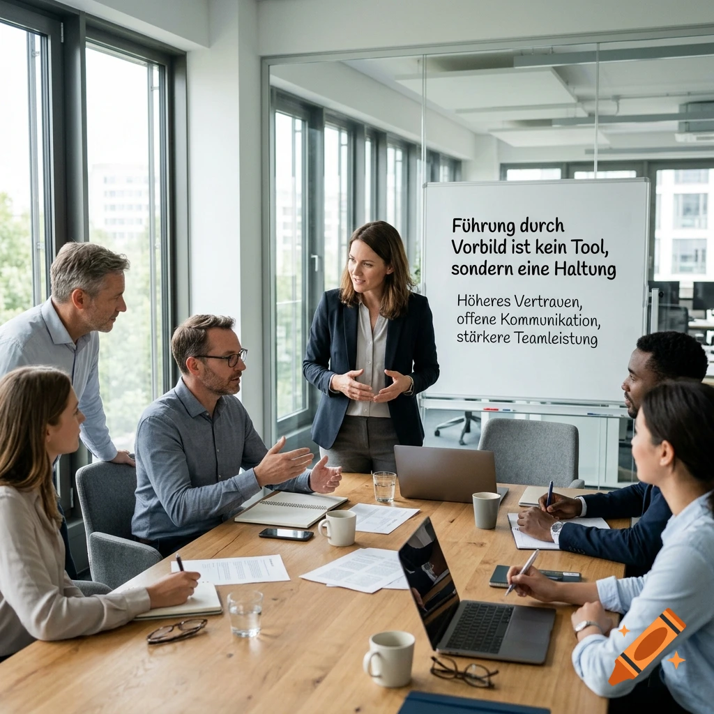 Photorealistic image of a team in a modern office having a meeting, with text on a whiteboard in the background.
