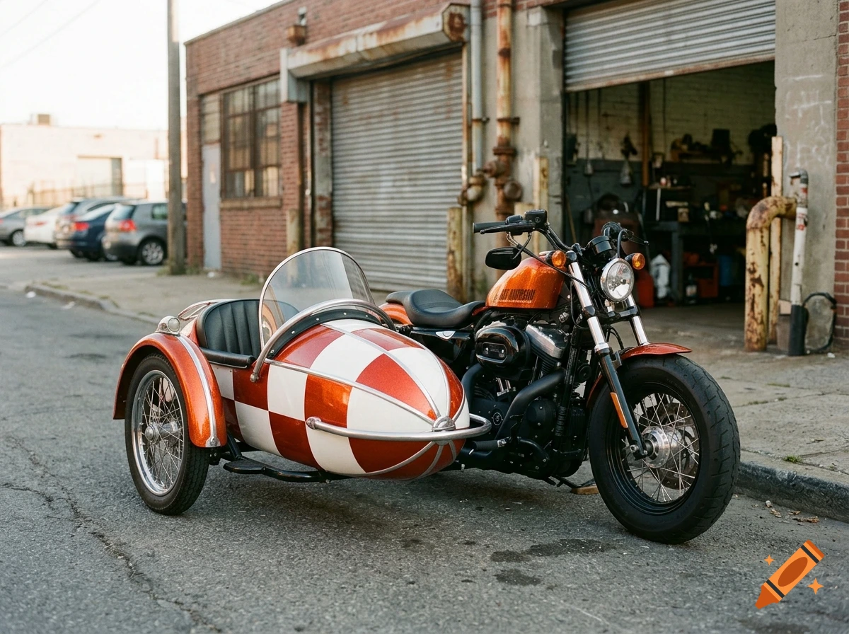 Photorealistic image of a vintage Harley Davidson motorcycle with a red and white checkered sidecar parked on an urban street.