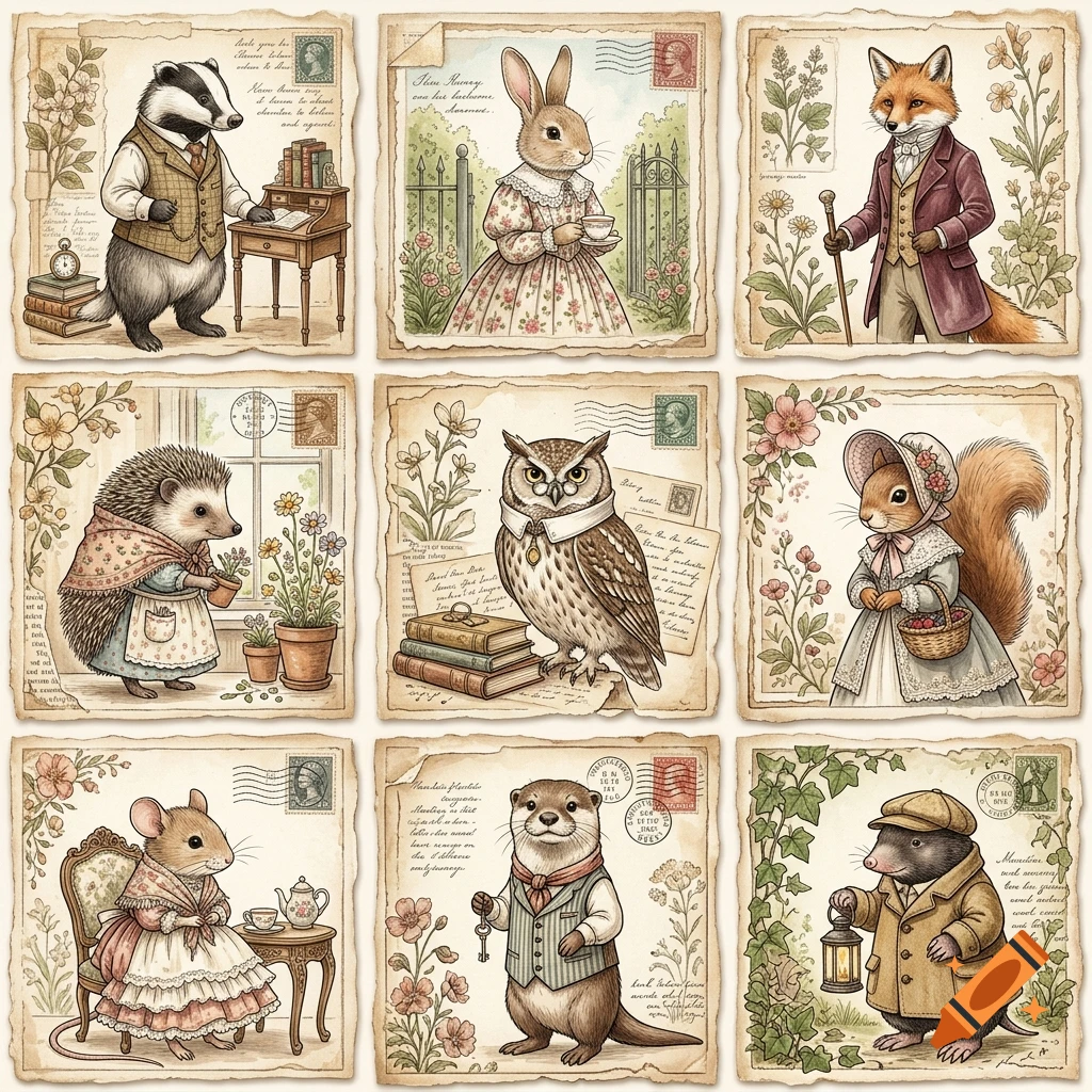 Vintage decoupage collage grid of nine dressed animals in Beatrix Potter style with faux postage stamps and handwritten letters.