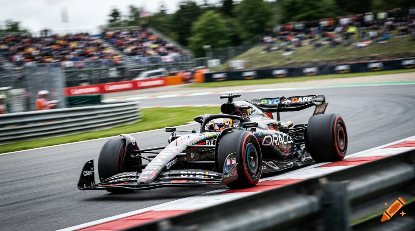 A Formula 1 racing car speeds around a track corner, with blurred grandstands filled with spectators in the background.