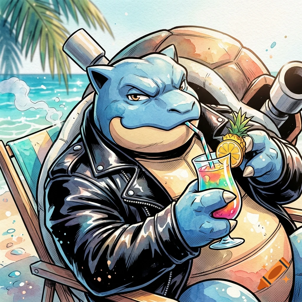 Comic book watercolor art of Blastoise wearing a black leather jacket, relaxing in a beach chair, and drinking a tropical juice with a straw.