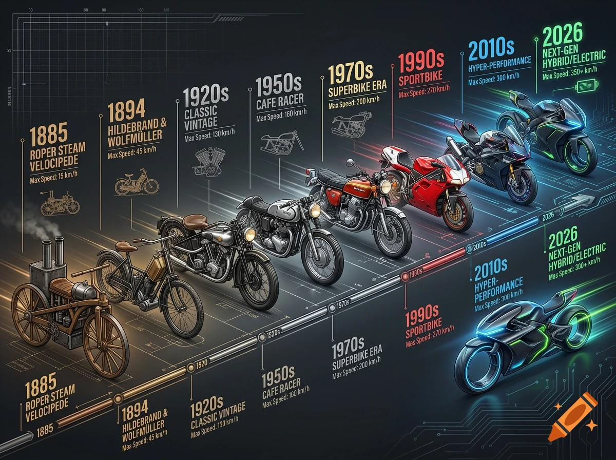 An illustrated historical timeline of motorcycles from 1885 to 2026, showing evolution of design and speeds on a dark blueprint background.