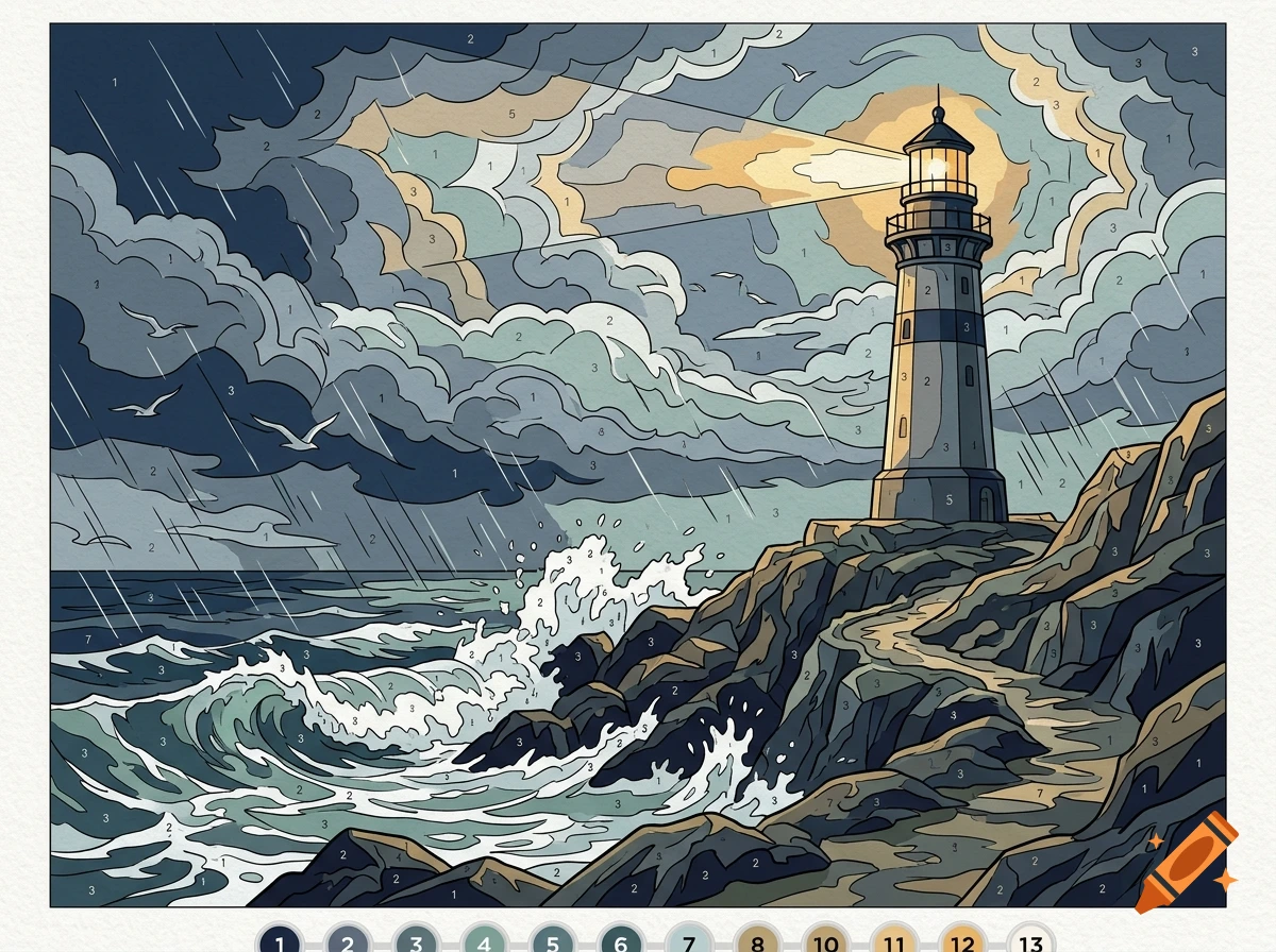 Paint by number style illustration of a lighthouse on a rocky cliff during a stormy sea with rain and dark clouds.