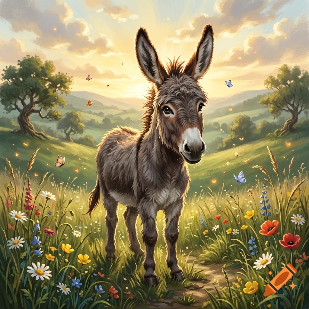 A fluffy donkey stands in a vibrant grassy meadow filled with colorful wildflowers, under a warm sunset sky with rolling hills in the background.