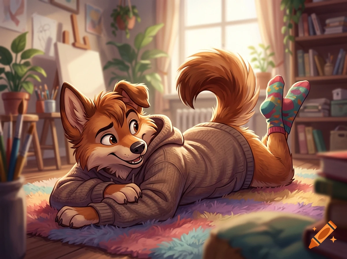 An anthropomorphic dog wearing a grey hoodie and colorful socks lies on a fluffy rug in a cozy room, digital art.