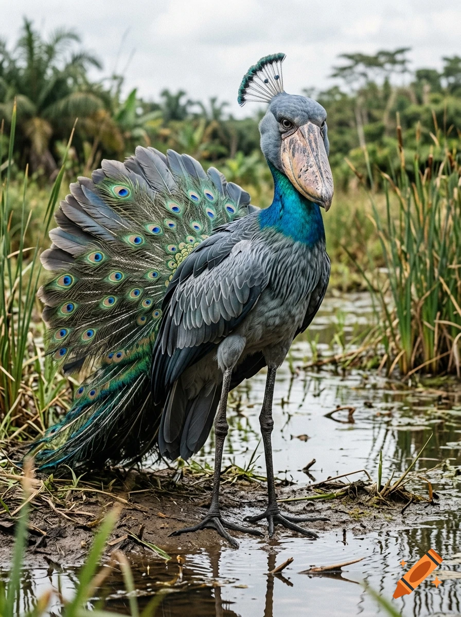Photorealistic hybrid of a shoebill stork and a peacock standing in a swamp.