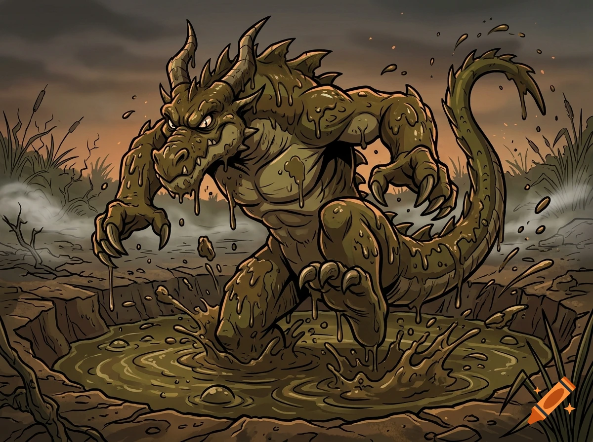 2D cartoon of a bipedal anthropomorphic dragon covered in mud emerging from a mud pit.