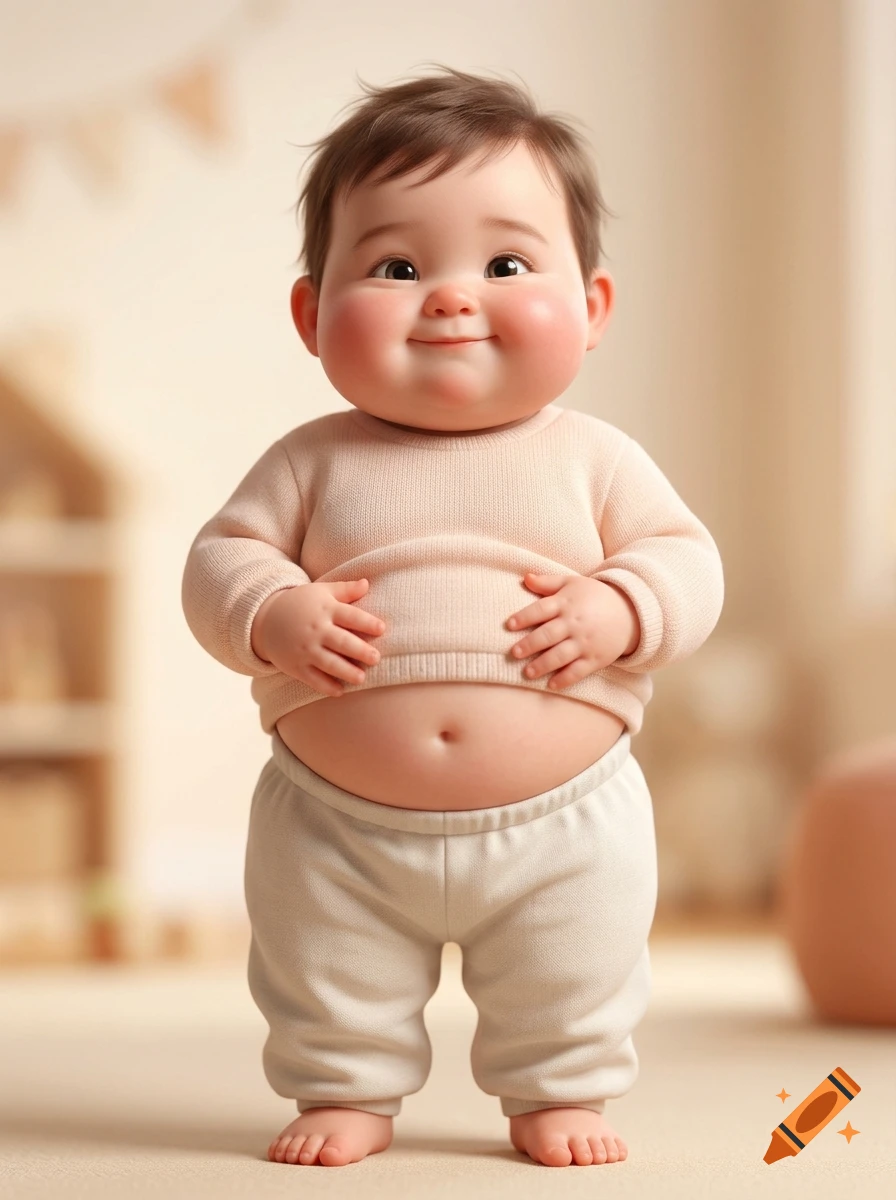 3D Pixar style digital art of a cute, chubby 2-year-old toddler smiling happily and holding his belly.