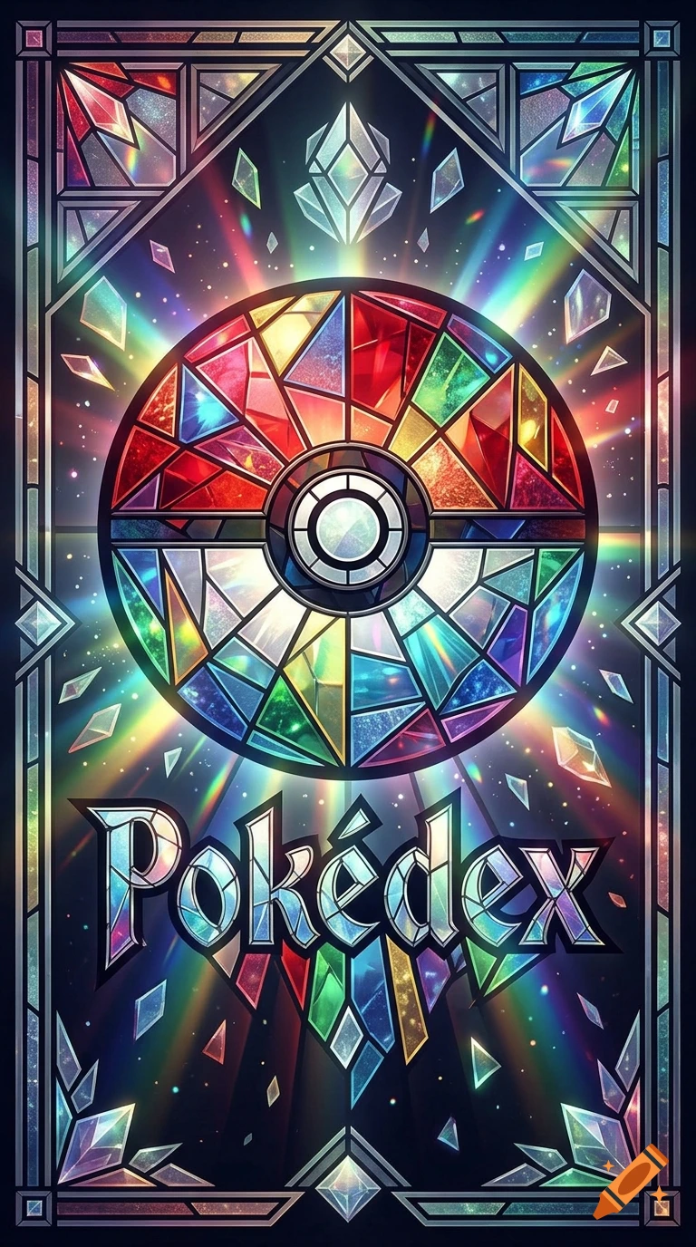 A vertical stained glass mosaic of a Pokéball with the word Pokédex below it, featuring vibrant glowing colors.