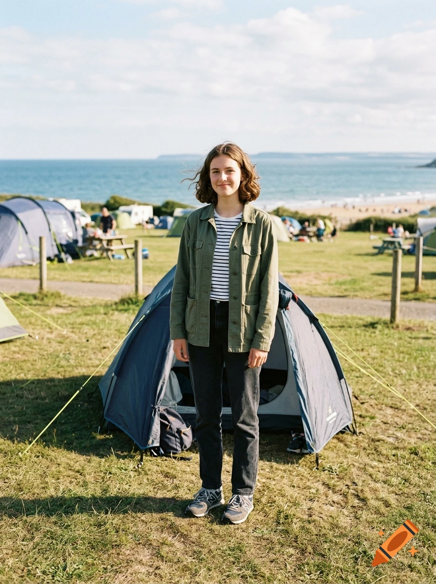 A young brown-haired girl standing in front of a tent at a campsite near the sea.