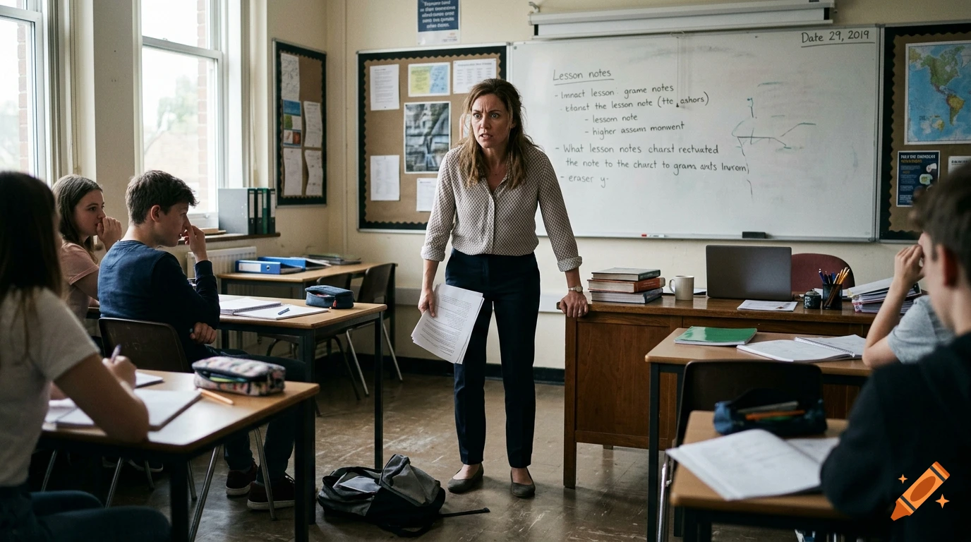 A frenzied teacher glaring menacingly at her rowdy classroom, photorealistic.