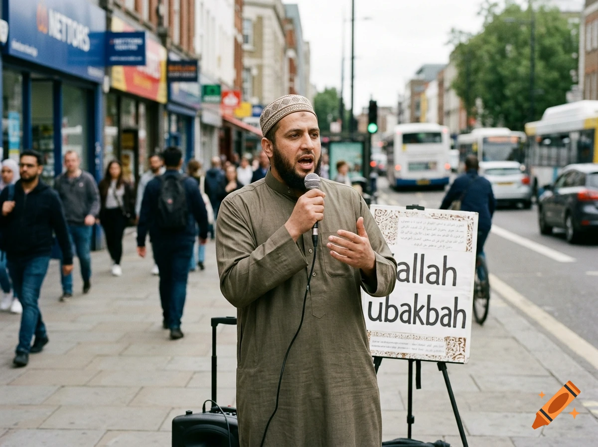 A man in a brown tunic speaking into a microphone on a busy city street, with a sign reading 'allah ubakbah' beside him.