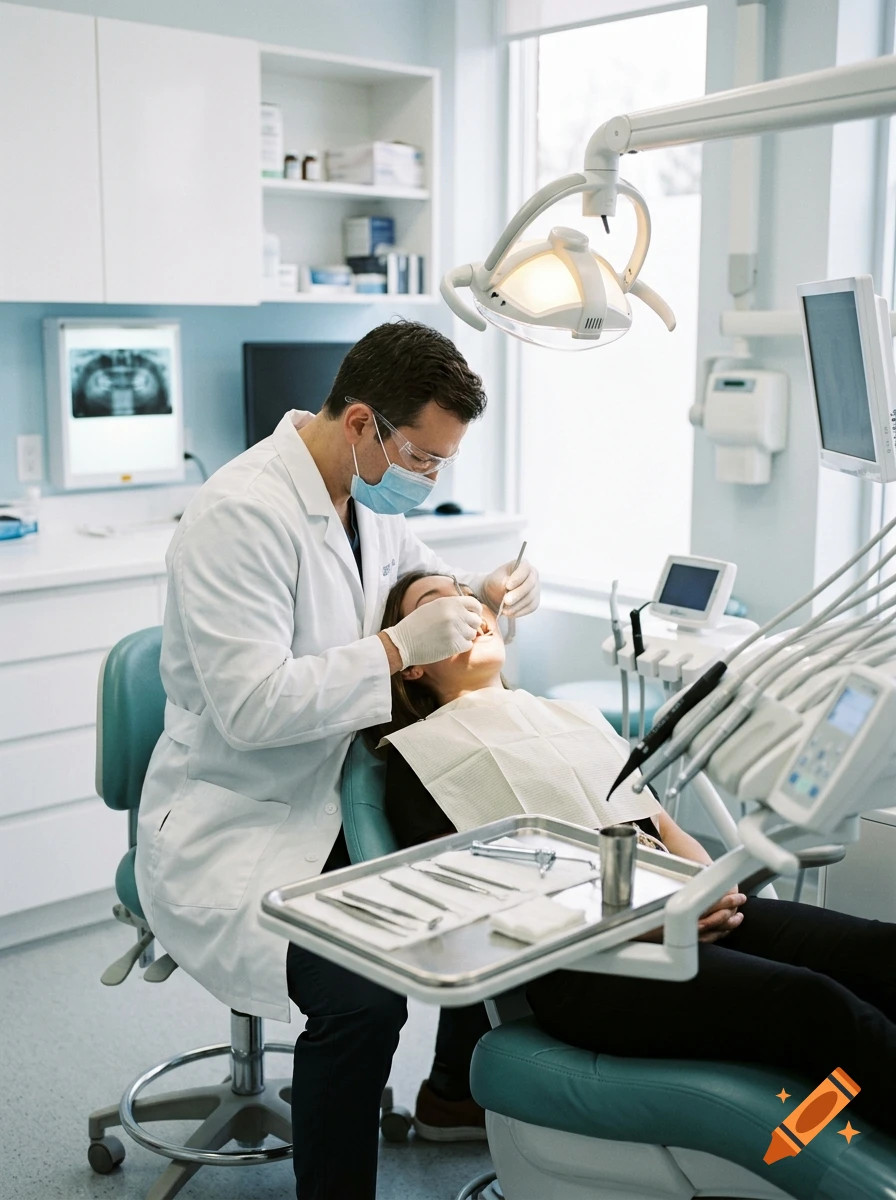 A dentist in a white coat and mask examining a patient in a dental chair in a bright, modern clinic.