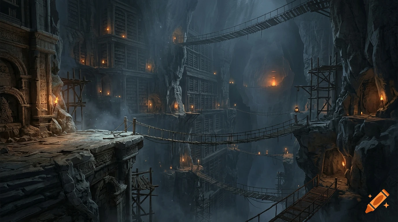 Fantasy digital painting of a vast underground cavern library with stone structures, bookshelves, rope bridges, and warm amber lantern light.