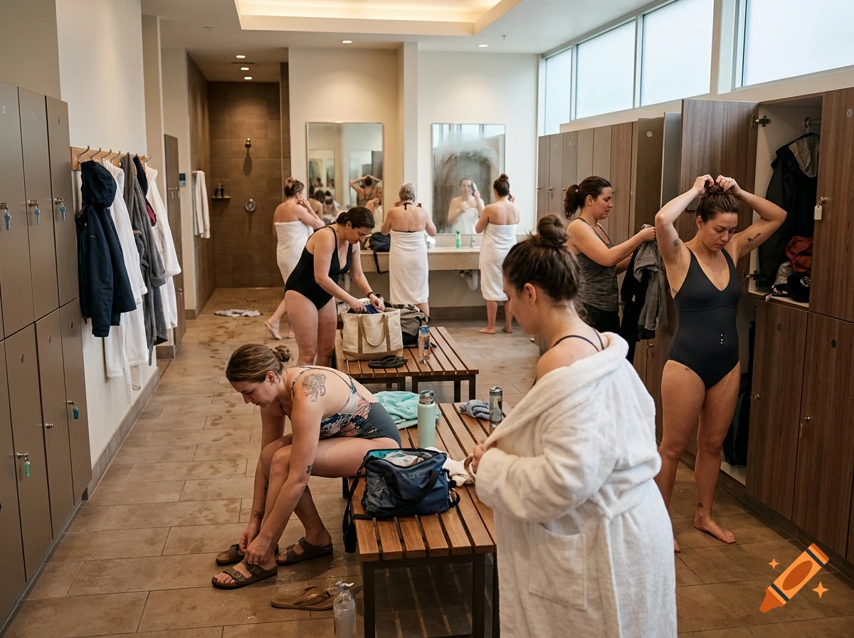 Several women in swimwear and robes getting dressed and preparing in a locker room, photorealistic.