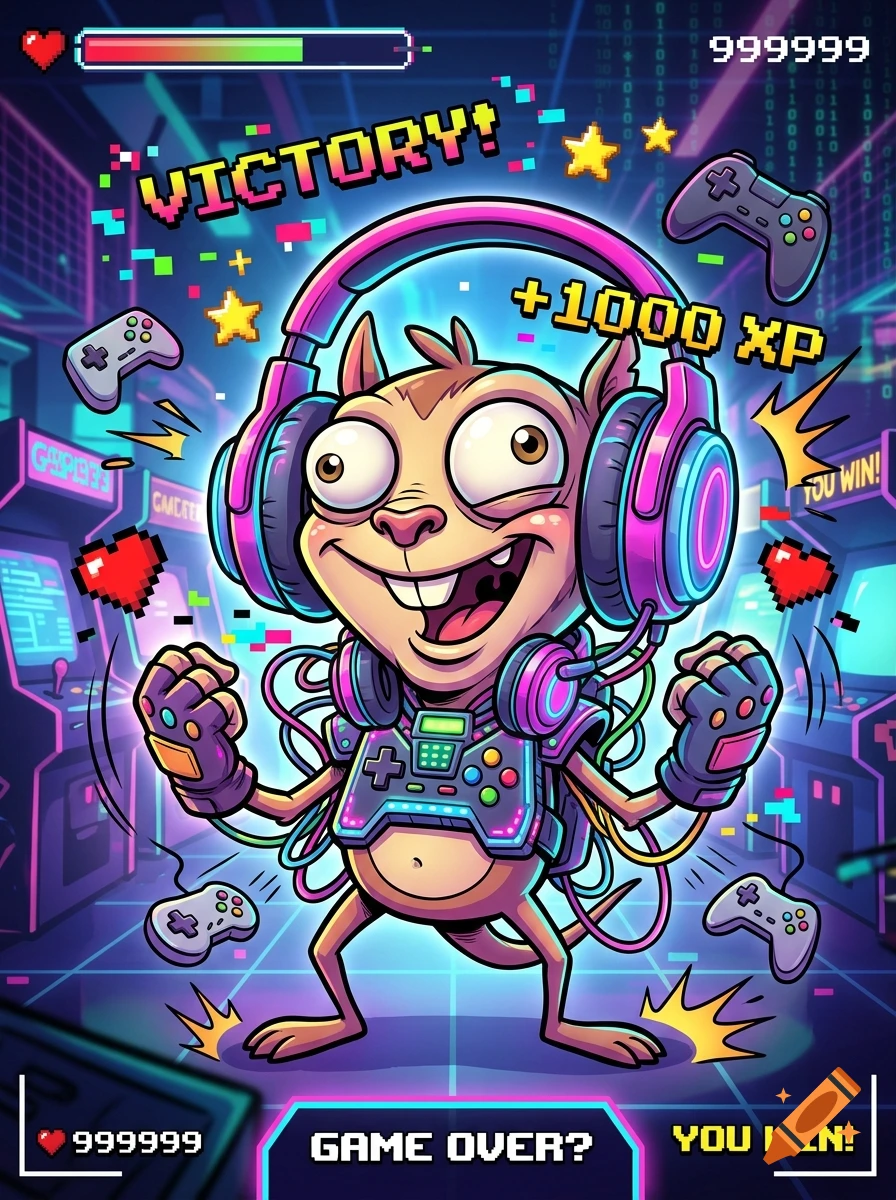 A goofy-looking cartoon squirrel wearing big headphones and a gaming vest, surrounded by video game elements and contradictory text saying 'VICTORY!' and 'GAME OVER?'.