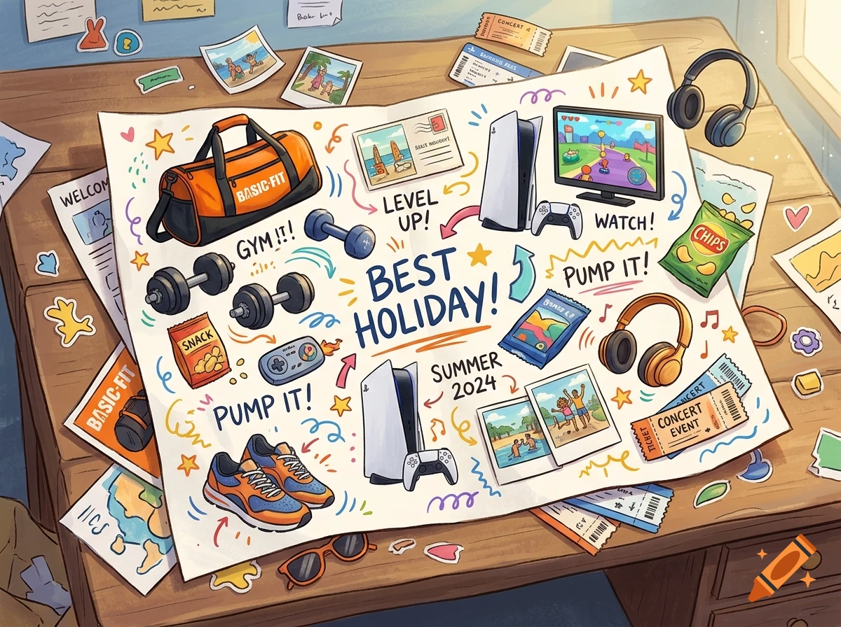 Illustrated doodle sheet on a wooden desk showing vacation memories like fitness, gaming, and photos.