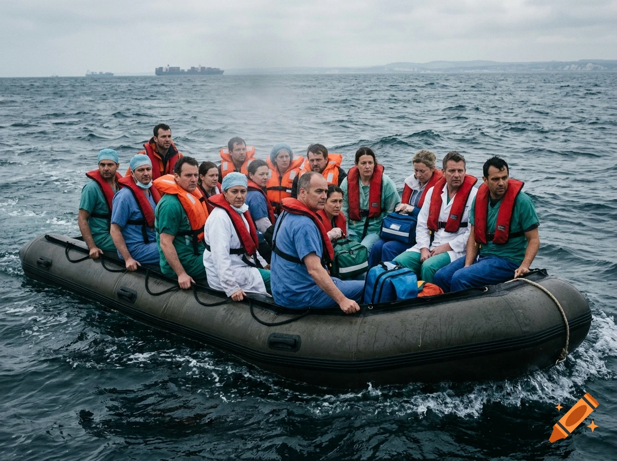 Photorealistic image of a crowded dinghy with people wearing life jackets traveling across the sea.