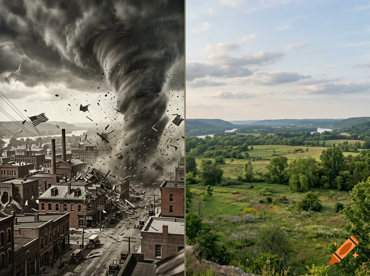 Before and after comparison of a town destroyed by a tornado in 1917 and a lush green valley in 2026.