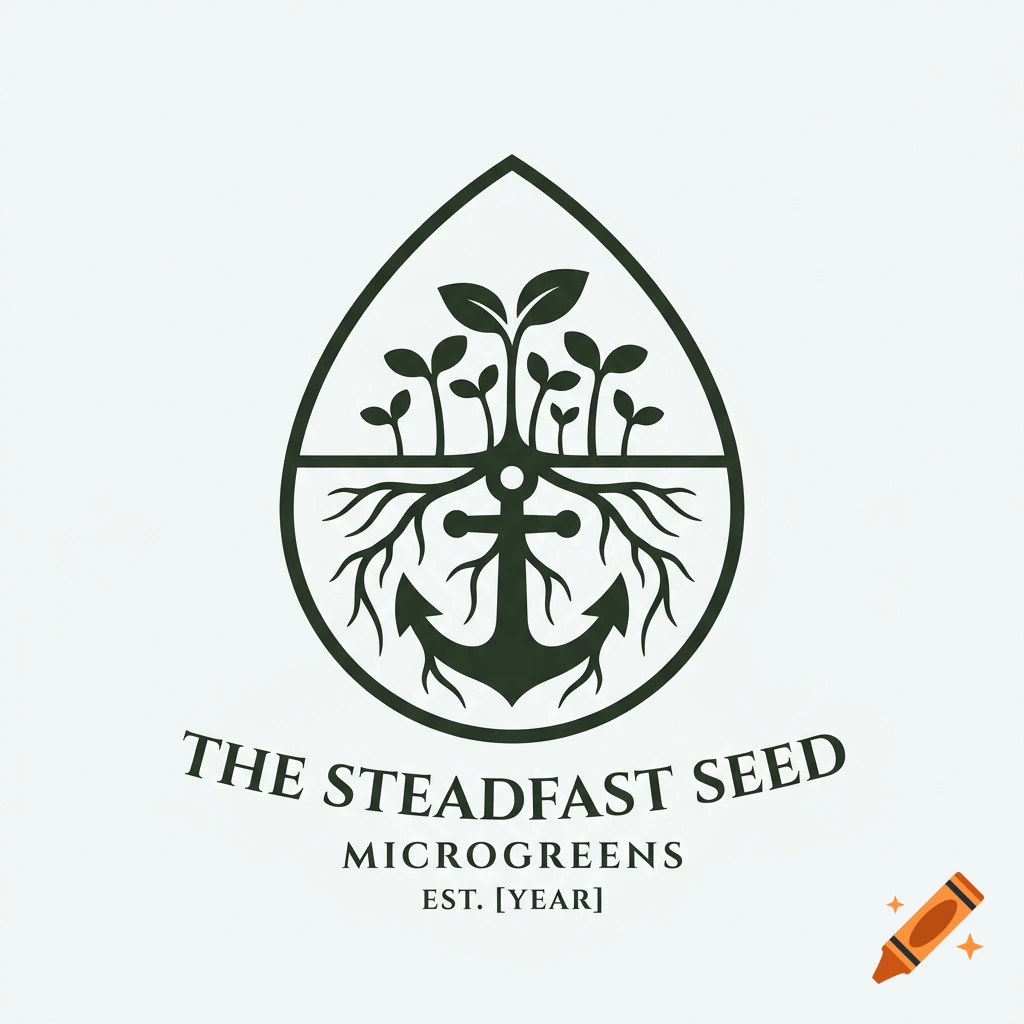 Minimalist green logo for The Steadfast Seed, featuring a seed shape with microgreens, roots, and an anchor silhouette.