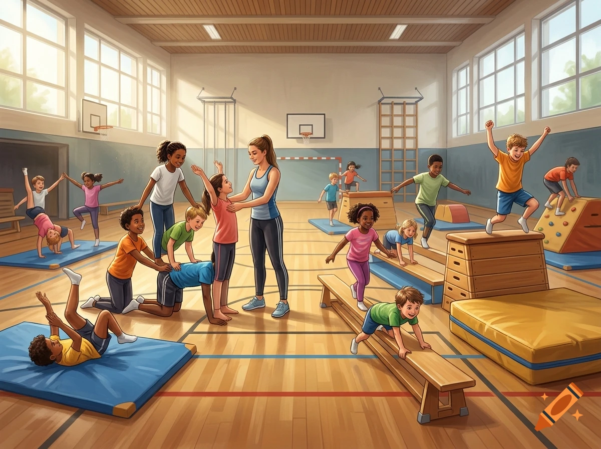 Children doing gymnastics and acrobatic exercises in a bright school gymnasium with a female instructor, digital illustration.