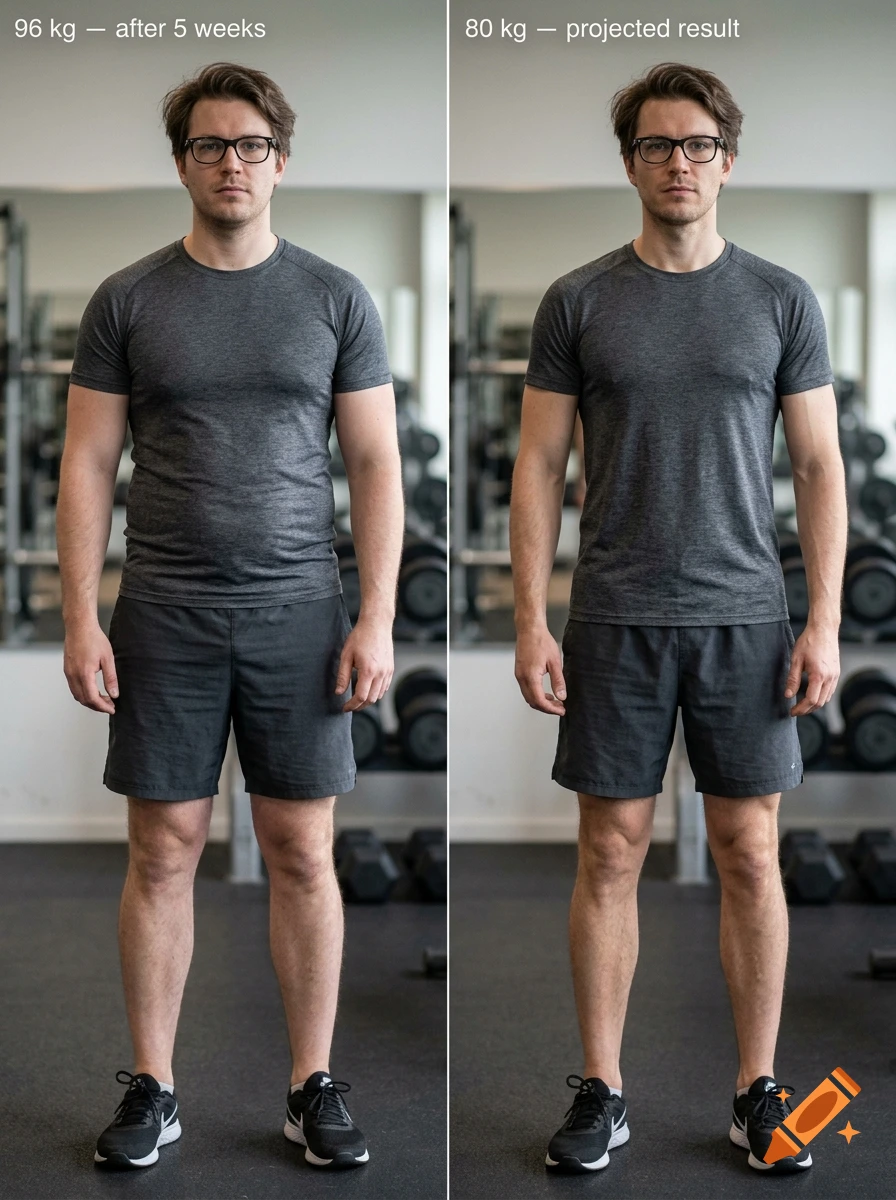 Before and after comparison photo of a man in a gym showing a weight loss transformation from 96 kg to 80 kg.