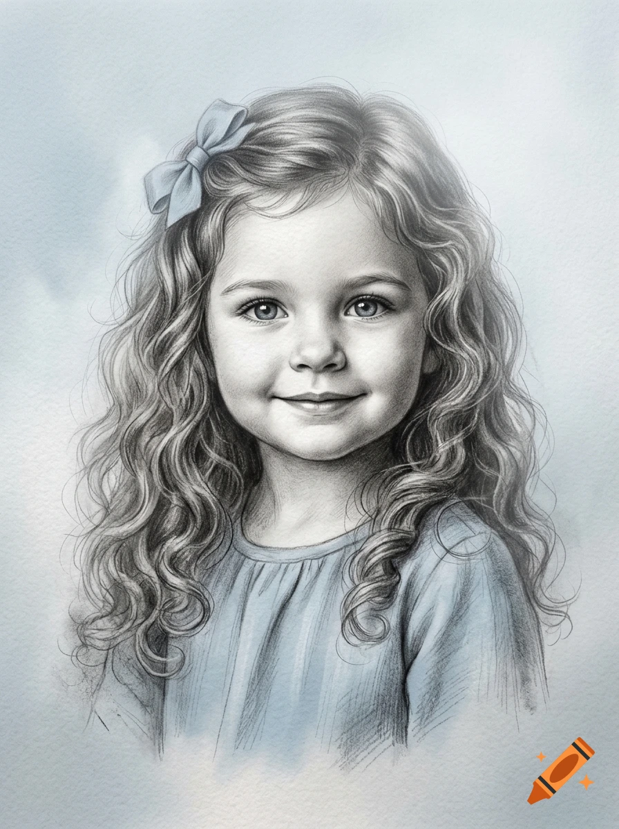 Charcoal pencil sketch portrait of a 3-year-old girl with curly hair and a blue bow