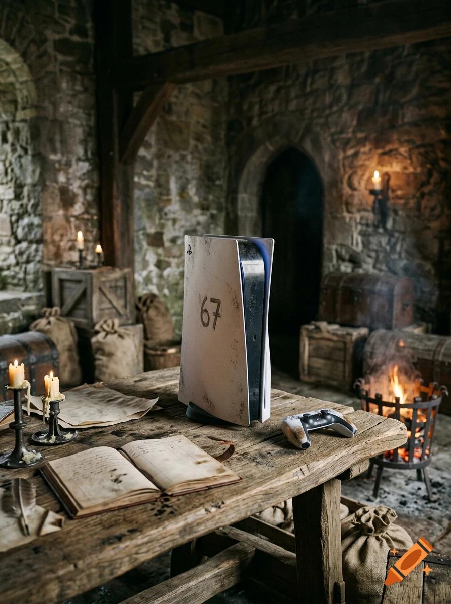 Photorealistic image of a weathered PlayStation 5 console with the number 67 on it, placed on a rustic wooden table in a medieval stone castle room.
