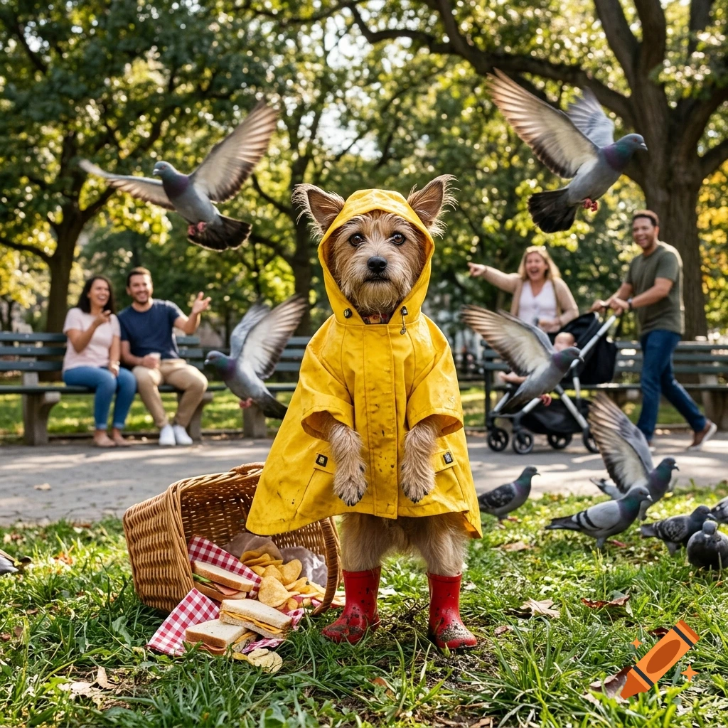 A small terrier dog wearing a yellow raincoat and red boots stands in a park with pigeons flying around and a picnic basket.