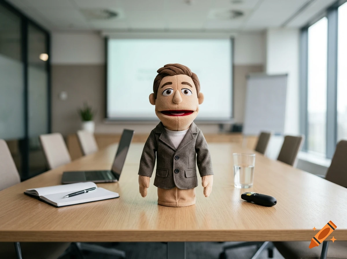 Photorealistic hand puppet in a business suit standing on a wooden conference table in an office.