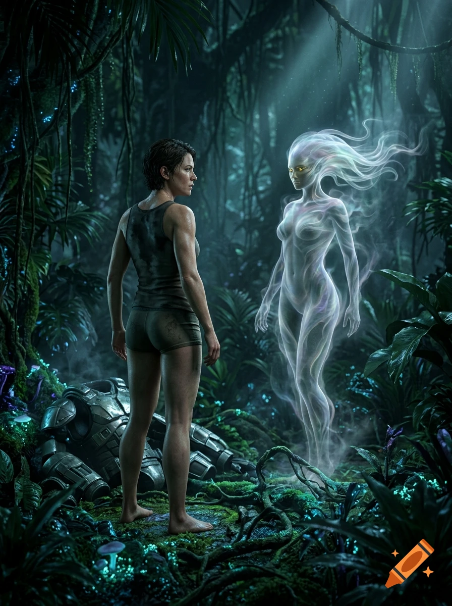 Photorealistic scene of a woman in a jungle standing before a glowing humanoid spirit made of vapor and light.