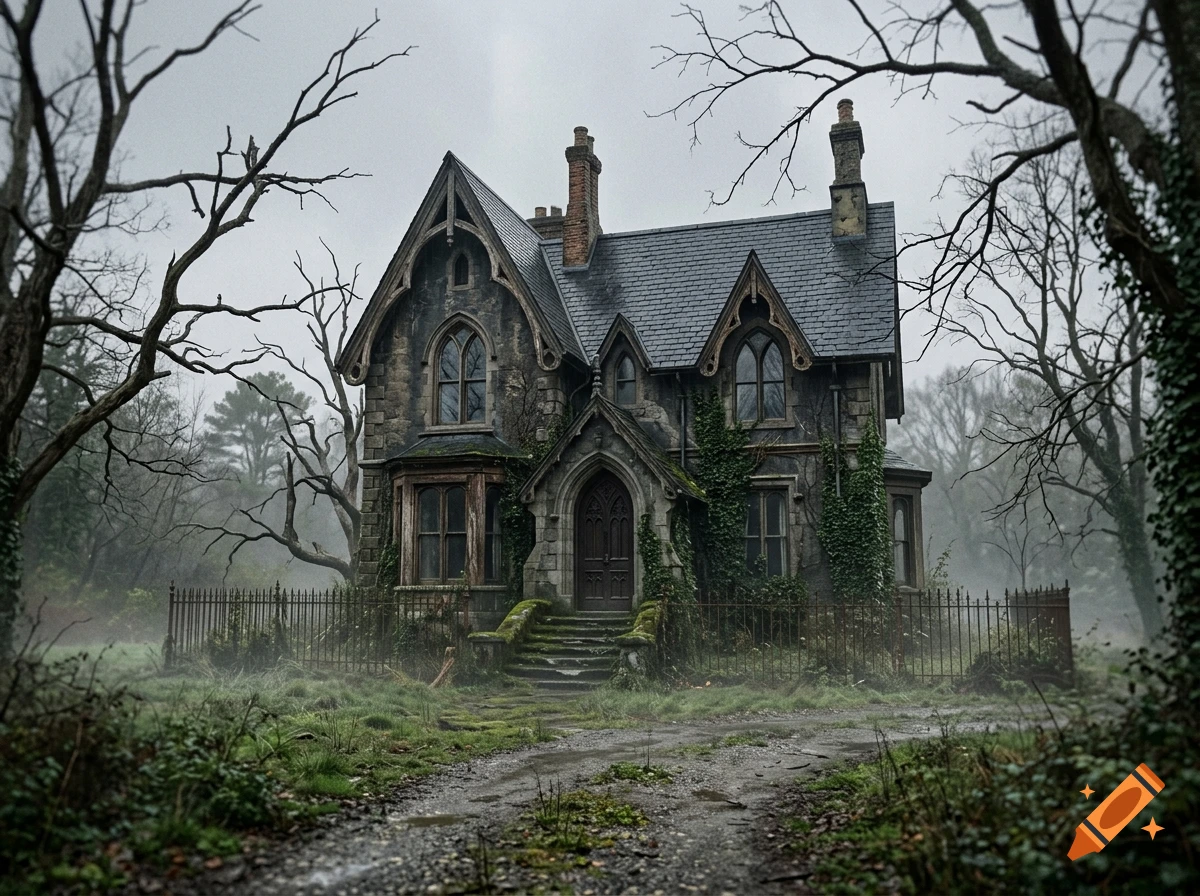 Photorealistic image of a spooky, dilapidated gothic house surrounded by bare trees in a foggy, overgrown yard.
