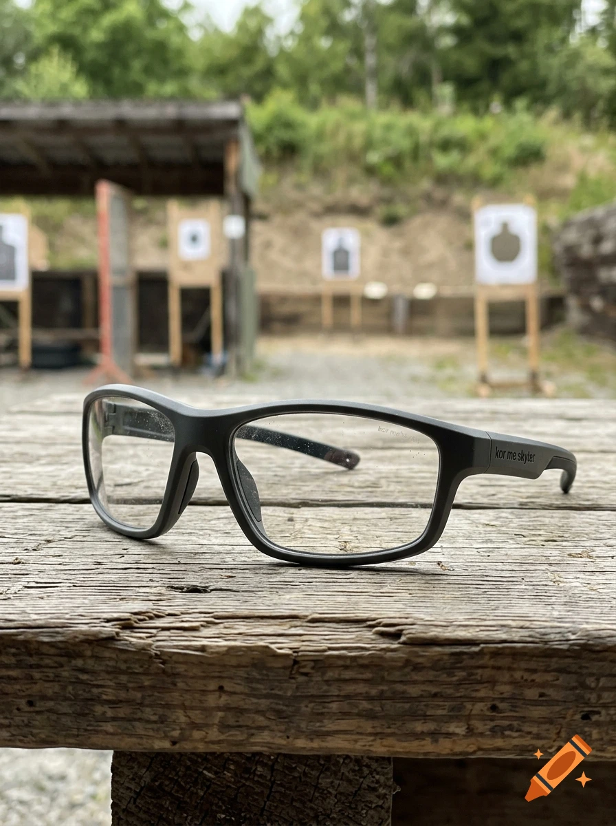 Close-up photograph of shooting glasses resting on a wooden table at an outdoor shooting range.