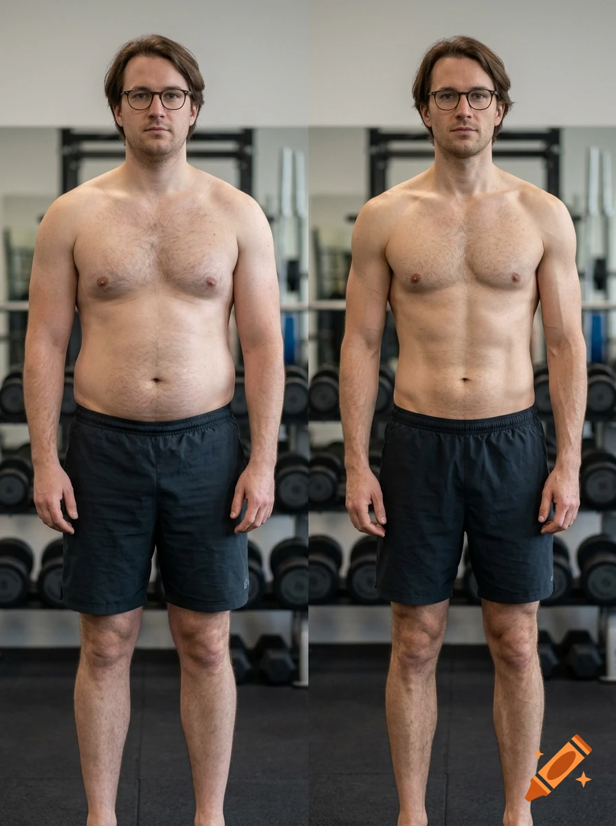 Before and after photorealistic comparison of a man in a gym showing body transformation.