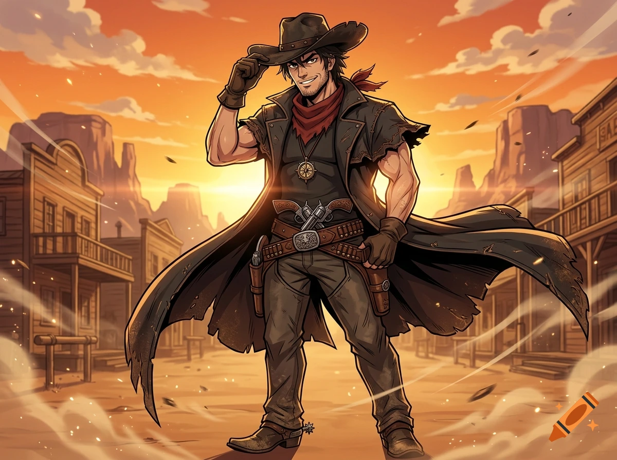 An anime-style adult male cowboy posing in a dusty western town at sunset.