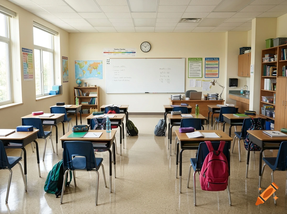An empty classroom with desks, chairs, a whiteboard, and bookshelves, photorealistic.