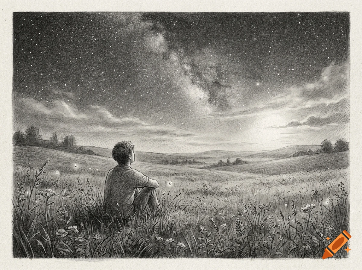 Pencil sketch of a person sitting in a grassy field at dusk, looking up at a starry night sky with the Milky Way.