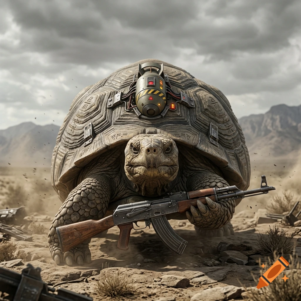 A photorealistic giant tortoise with an implanted nuke on its shell, holding an AK-47 in a desert landscape.
