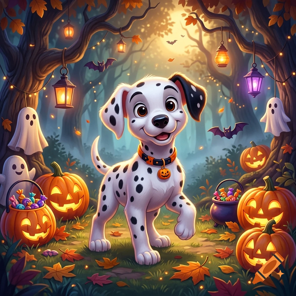 An adorable Disney-style Dalmatian puppy standing in an enchanted, glowing Halloween forest surrounded by pumpkins, ghosts, and bats.