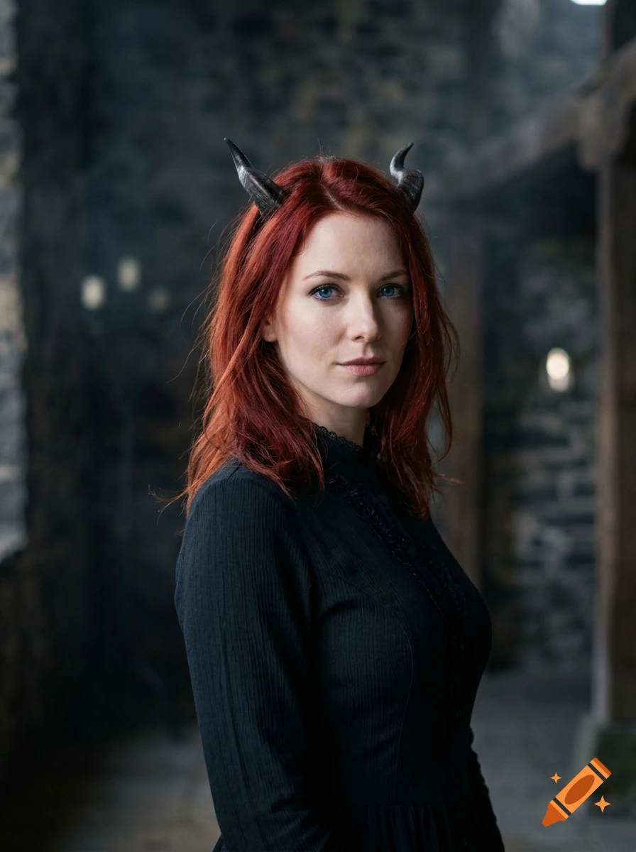 Photorealistic portrait of a woman with red hair, blue eyes, and small black horns wearing a black dress in a stone room.