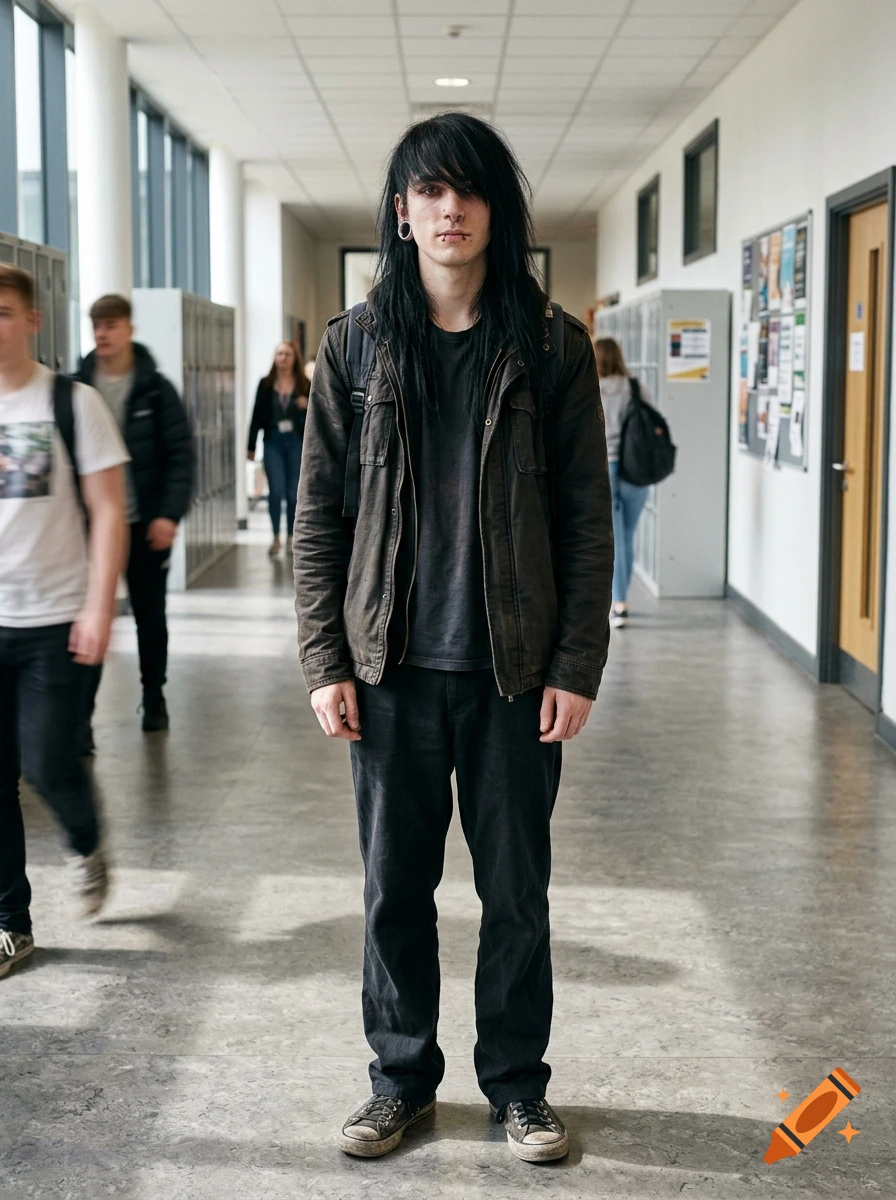 Photorealistic full-body portrait of a young male student with long black hair standing in a school hallway.