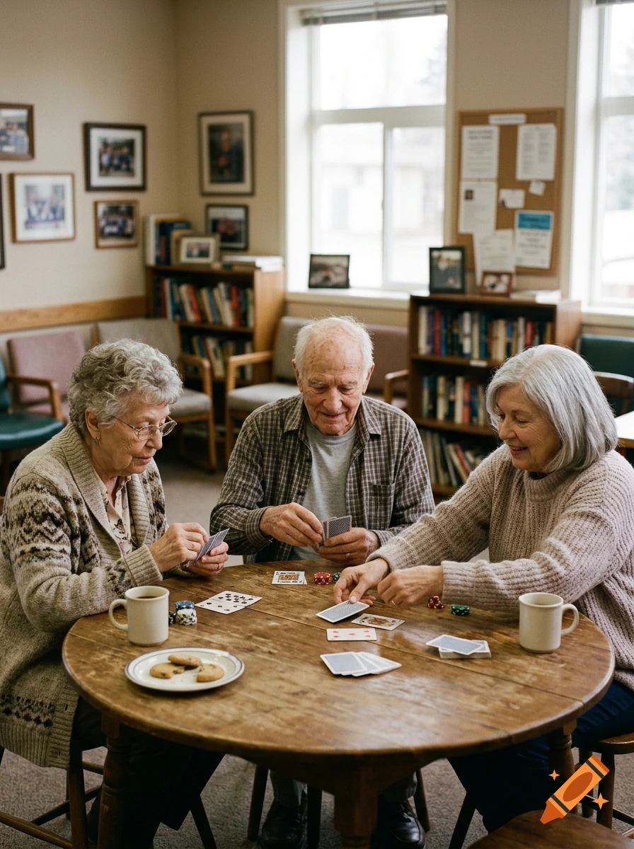 Three elderly people playing cards around a wooden table in a community room, photorealistic.