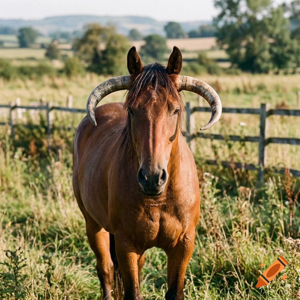 Photorealistic image of a brown horse with large cattle horns standing in a grassy field with a wooden fence.