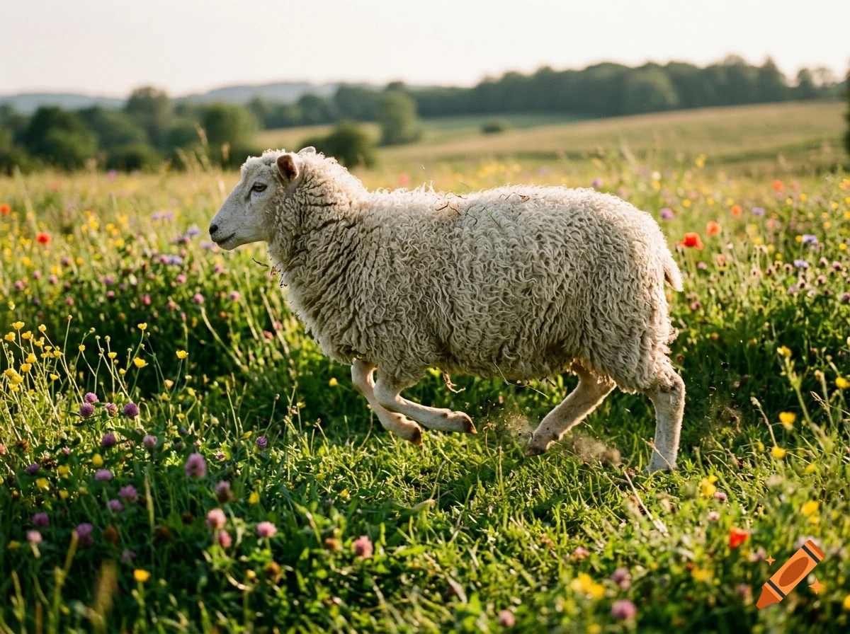 Photorealistic image of a fluffy white sheep running through a vibrant green field filled with colorful wildflowers.