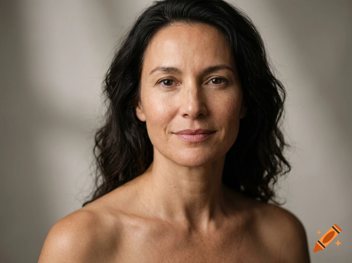 Close-up portrait of a middle-aged woman with dark wavy hair and a subtle smile against a neutral backdrop.