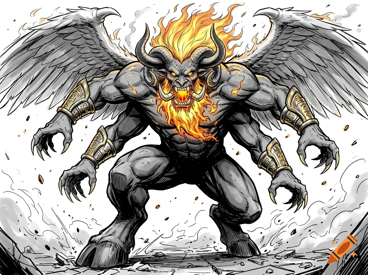 Manga sketch of a colossal multi-armed demon with horns, flaming hair, wings, and bull hooves.